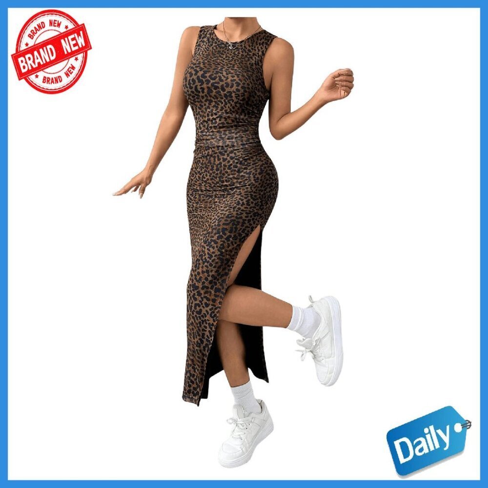 Leopard Print Midi Dress Bodycon Sleeveless Crew Neck Split Hem